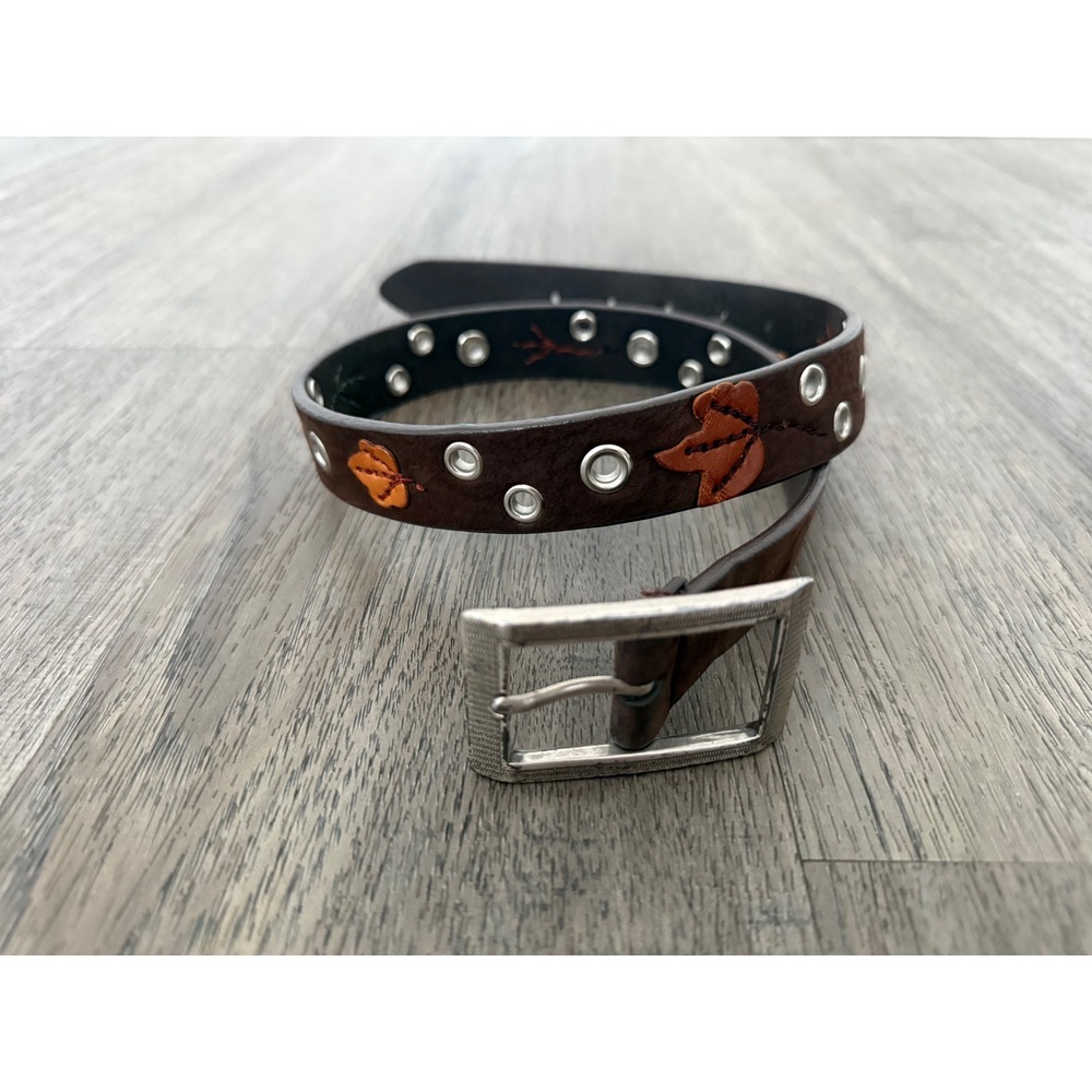 Women's Brown Leather Fall Leaf Grommet Belt Size Small